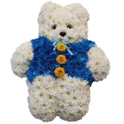 Teddy Bear Tribute - A charming teddy bear floral tribute in white and blue, lovingly handcrafted by City Florists in Inverness.