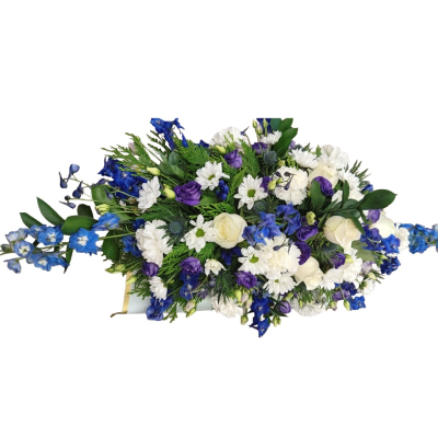 Blue Casket Spray - An elegant casket spray in striking blue, purple and white tones, beautifully handcrafted by City Florists in Inverness.