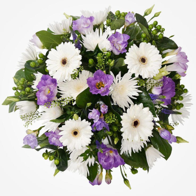Purple Posy - An elegant funeral posy in soft white and purple tones, beautifully handcrafted by City Florists in Inverness.
