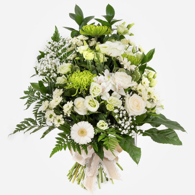 Peaceful Farewell Tied Sheaf - An elegant tied sheaf in fresh white and green tones, beautifully handcrafted by City Florists in Inverness.